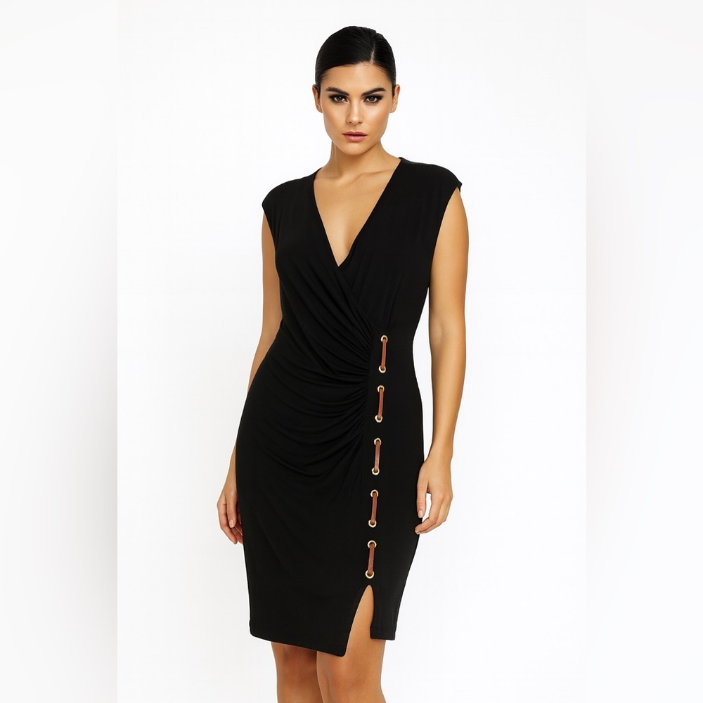 Carmen Marc Valvo Rouched Cocktail Dress Black Leather Lace Up Sz XL Whimsy Goth